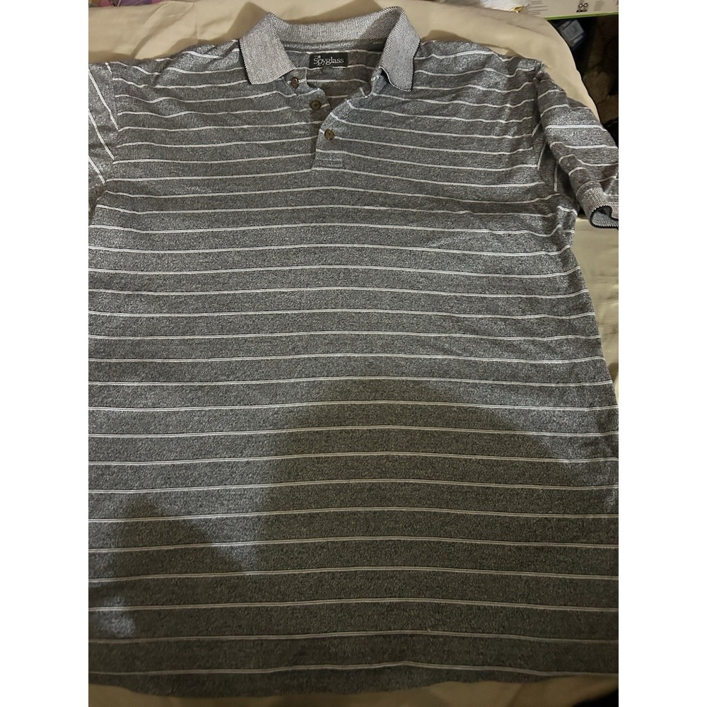 Spyglass Men's‎ Polo Shirt Size M Gray White Striped Short Sleeve Casual Golf